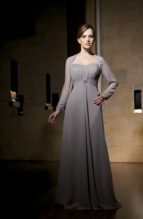 Bridesmaids Dress: JADE - J1180  Catalogue Color :  PLATINUM (PT)Silhouette :  Jade Chiffon gown has sweetheart shirred bodice and back keyhole opening with sheer long sleeves; collar and edge of sleeves are shirred. Has front crystal applique and sash. A-line skirt.Fabric-top layer :  JADE CHIFFONGown or 2 piece :  DressJacket :  Front Neckline :  HalterBack Neckline :  HightFront Bodice Detail :  Beaded embroidery and gatheredBack Bodice Detail :  GatheredSleeve :  Gown :  Belt or Sash Detail :  N/AWaist :  EmpireFront Skirt Detail : PlainBack Skirt Detail :  PlainFront Hem Detail :  PlainBack Hem Detail :  PlainAccessory :  N/ASkirt Length :  FloorSize Range :  2-26 