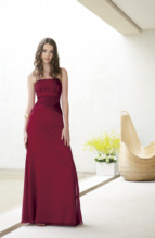 Bridesmaids Dress: BELSOIE - L1062  Catalogue Color :  NEW RED (NR) Silhouette :   Fabric-top layer :  BELSOIE TIFFANY CHIFFON and BELSOIE CHARMEUSE Front Neckline :  Strapless Back Neckline :  Strapless Front Bodice Detail :  Gathered and criss-cross band Back Bodice Detail :  Gathered and band Waist :  Empire Belt or sash detail : N/A Front Skirt Detail : Plain Back Skirt Detail :  Plain Front Hem Detail :  Plain Back Hem Detail :  Plain Two Tone or Solid :  Solid Accessory :  Detachable spaghetti straps Skirt Length :  Available in floor length. Tea-length can be special ordered, at no additional charge. Size Range :  4-28 