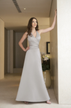 Bridesmaids Dress: BELSOIE - L1063  Catalogue Color :  SLATE (SQ) Silhouette :   Fabric-top layer :  SUPREME SATIN Front Neckline :  Halter V Back Neckline :  Halter V Front Bodice Detail :  Gathered Back Bodice Detail :  Plain Waist :  Natural Belt or sash detail : Plain waistband Front Skirt Detail : Plain Back Skirt Detail :  Plain Front Hem Detail :  Plain Back Hem Detail :  Plain Two Tone or Solid :  Solid Accessory :  N/A Skirt Length :  Available in floor length. Tea-length can be special ordered, at no additional charge. Size Range :  4-28 