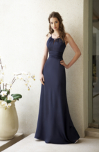 Bridesmaids Dress: BELSOIE - L1064  Catalogue Color :  NAVY (NY) Silhouette :   Fabric-top layer :  BELSOIE CHARMEUSE Front Neckline :  Spaghetti strapped Back Neckline :  Spaghetti strapped Front Bodice Detail :  Gathered Back Bodice Detail :  Gathered Waist :  Natural Belt or sash detail : N/A Front Skirt Detail : Plain Back Skirt Detail :  Plain Front Hem Detail :  Plain Back Hem Detail :  Plain Two Tone or Solid :  Solid Accessory :  N/A Skirt Length :  Available in floor length. Tea-length can be special ordered, at no additional charge. Size Range :  4-28 