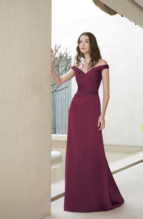 Evening Dress: BELSOIE - L1066  Catalogue Color :  BERRY (BY) Silhouette :   Fabric-top layer :  BELSOIE TIFFANY CHIFFON Front Neckline :  Portrait neck Back Neckline :  Portrait neck Front Bodice Detail :  Gathered Back Bodice Detail :  Gathered Waist :  Natural Belt or sash detail : N/A Front Skirt Detail : Plain Back Skirt Detail :  Plain Front Hem Detail :  Plain Back Hem Detail :  Plain Two Tone or Solid :  Solid Accessory :  N/A Skirt Length :  Available in floor length. Tea-length can be special ordered, at no additional charge. Size Range :  4-28 