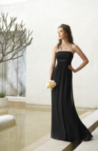Evening Dress: BELSOIE - L1069  Catalogue Color :  BLACK (BK) Silhouette :   Fabric-top layer :  BELSOIE SOLID IRIDESCENT CHIFFON Front Neckline :  Strapless Back Neckline :  Strapless Front Bodice Detail :  Gathered with band at center Back Bodice Detail :  Plain Waist :  Empire Belt or sash detail : N/A Front Skirt Detail : Plain Back Skirt Detail :  Plain Front Hem Detail :  Plain Back Hem Detail :  Plain Two Tone or Solid :  Solid Accessory :  Detachable spaghetti straps Skirt Length :  Available in floor length. Tea-length can be special ordered, at no additional charge. Size Range :  4-28 