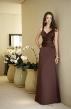 Evening Dress: BELSOIE - L1070  Catalogue Color :  ESPRESSO (EO) Silhouette :   Fabric-top layer :  SUPREME SATIN Front Neckline :  Sweetheart Back Neckline :  V-neck Front Bodice Detail :  Gathered 2 pcs look Back Bodice Detail :  Gathered 2 pcs look Waist :  Drop Belt or sash detail : N/A Front Skirt Detail : Flare skirt Back Skirt Detail :  Flare skirt Front Hem Detail :  Plain Back Hem Detail :  Plain Two Tone or Solid :  Solid Accessory :  N/A Skirt Length :  Available in floor length. Tea-length can be special ordered, at no additional charge. Size Range :  4-28 