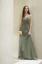 Evening Dress: BELSOIE - L1072  Catalogue Color :  CELADON (CL) Silhouette :   Fabric-top layer :  BELSOIE TIFFANY CHIFFON Front Neckline :  V-neck Back Neckline :  V-neck Front Bodice Detail :  Gathered Back Bodice Detail :  Gathered Waist :  Natural Belt or sash detail : N/A Front Skirt Detail : Plain w/chiffon overlay Back Skirt Detail :  Plain Front Hem Detail :  Plain Back Hem Detail :  Plain Two Tone or Solid :  Solid Accessory :  N/A Skirt Length :  Available in floor length. Tea-length can be special ordered, at no additional charge. Size Range :  4-28 