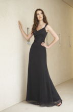 Evening Dress: BELSOIE - L1073  Catalogue Color :  BLACK (BK) Silhouette :   Fabric-top layer :  BELSOIE TIFFANY CHIFFON Front Neckline :  Sweetheart w/chiffon sleeves Back Neckline :  V-neck Front Bodice Detail :  Gathered Back Bodice Detail :  Gathered Waist :  Natural Belt or sash detail : Plain sash Front Skirt Detail : Plain Back Skirt Detail :  Plain Front Hem Detail :  Plain Back Hem Detail :  Plain Two Tone or Solid :  Solid Accessory :  N/A Skirt Length :  Available in floor length. Tea-length can be special ordered, at no additional charge. Size Range :  4-28 