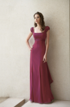 Evening Dress: BELSOIE - L1074  Catalogue Color :  PEONY (PY) Silhouette :   Fabric-top layer :  BELSOIE TIFFANY CHIFFON Front Neckline :  Square neck Back Neckline :  V-neck Front Bodice Detail :  Gathered Back Bodice Detail :  Gathered Waist :  Empire Belt or sash detail : Plain sash Front Skirt Detail : Plain Back Skirt Detail :  Plain Front Hem Detail :  Plain Back Hem Detail :  Plain Two Tone or Solid :  Solid Accessory :  N/A Skirt Length :  Available in floor length. Tea-length can be special ordered, at no additional charge. Size Range :  4-28 