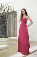 Evening Dress: BELSOIE - L1075  Catalogue Color :  PEONY (PY) Silhouette :   Fabric-top layer :  SUPREME SATIN Front Neckline :  Strapless Back Neckline :  Strapless Front Bodice Detail :  Pleated with sash on side Back Bodice Detail :  Plain Waist :  Natural-Scoop Belt or sash detail : Plain sash Front Skirt Detail : Plain Back Skirt Detail :  Plain Front Hem Detail :  Plain Back Hem Detail :  Plain Two Tone or Solid :  Solid Accessory :  Detachable spaghetti straps Skirt Length :  Available in floor length. Tea-length can be special ordered, at no additional charge. Size Range :  4-28 