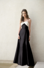Evening Dress: BELSOIE - L1076  Catalogue Color :  IVORY (IV)-BLACK (BK) Silhouette :   Fabric-top layer :  BELSOIE MATTE TAFFETA Front Neckline :  Strapless Back Neckline :  Strapless Front Bodice Detail :  Main color gathered Back Bodice Detail :  Main color gathered Waist :  Empire Belt or sash detail : N/A Front Skirt Detail : Plain accent color Back Skirt Detail :  Plain accent color Front Hem Detail :  Plain Back Hem Detail :  Plain Two Tone or Solid :  Two tone (any combination of 2 BELSOIE MATTE TAFFETA colors) or solid. Accessory :  Detachable spaghetti straps Skirt Length :  Available in floor length. Tea-length can be special ordered, at no additional charge. Size Range :  4-28 