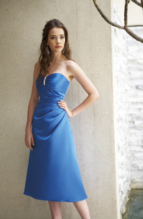 Prom Dress: BELSOIE - L1079  Catalogue Color :  DEEP SEA (DS) Silhouette :   Fabric-top layer :  SUPREME SATIN Front Neckline :  Strapless Back Neckline :  Strapless Front Bodice Detail :  Beading and gathered Back Bodice Detail :  Plain Waist :  Empire Belt or sash detail : N/A Front Skirt Detail : Gathered Back Skirt Detail :  Plain Front Hem Detail :  Plain Back Hem Detail :  Plain Two Tone or Solid :  Solid Accessory :  Detachable spaghetti straps Skirt Length :  Available in both tea-length and floor length. Floor length for L1079A Size Range :  4-28 