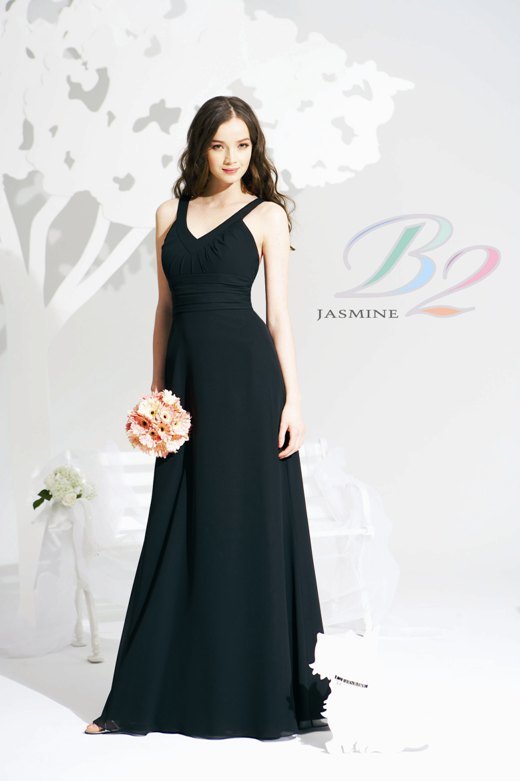 Bridesmaids Dress: B2 FALL 2009 - B2087  Catalogue Color :		BLACK (BK)	Fabric-top layer :		POLY CHIFFON	Accessory :		N/A	Skirt Length :		Floor length. Skirt length can be changed to tea-length or knee-length.	Size Range : 		2-28 