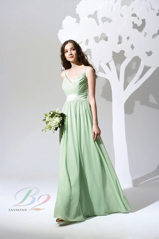 Bridesmaids Dress: B2 FALL 2009 - B2092  Catalogue Color :		WASABI (WI)	Fabric-top layer :		POLY CHIFFON and POLY SATIN	Accessory :		N/A	Skirt Length :		Floor length. Skirt length can be changed to tea-length or knee-length.	Size Range : 		2-28 