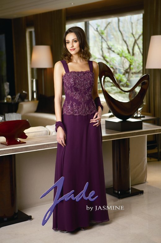 Prom Dress: JADE - J2256  Catalogue Color :		BORDEAUX (BX)	Fabric-top layer :		JADE CHIFFON	Accessory :		Shawl	Skirt Length :		Floor length. Skirt length can be changed to tea-length or knee-length.	Size Range : 		2-26 