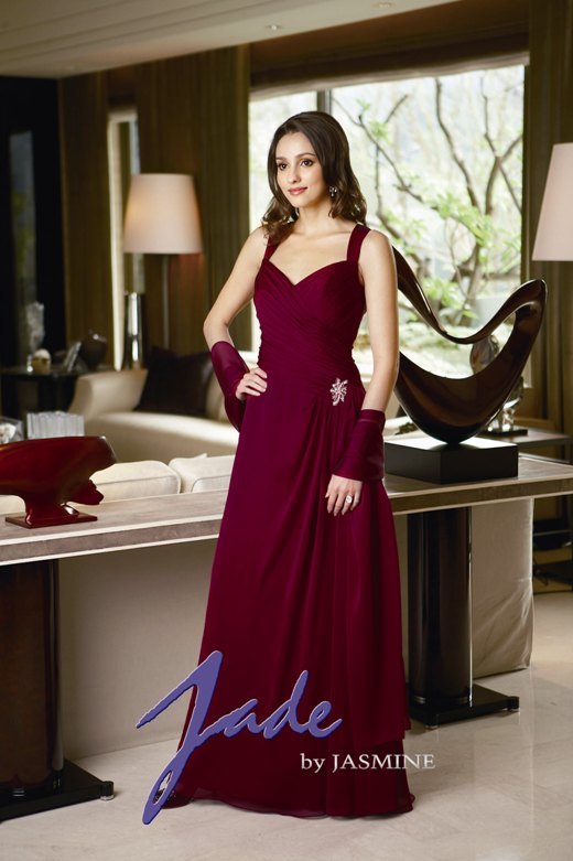 Prom Dress: JADE - J2258  Catalogue Color :		BERRY (BY)	Fabric-top layer :		JADE TIFFANY CHIFFON	Accessory :		Shawl	Skirt Length :		Floor length. Skirt length can be changed to tea-length or knee-length.	Size Range : 		2-26 
