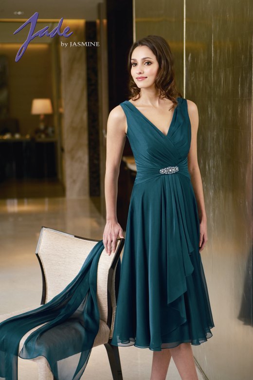 Prom Dress: JADE - J2259  Catalogue Color :		TEAL (TL)	Fabric-top layer :		JADE TIFFANY CHIFFON	Accessory :		Shawl	Skirt Length :		Available in both tea-length 30