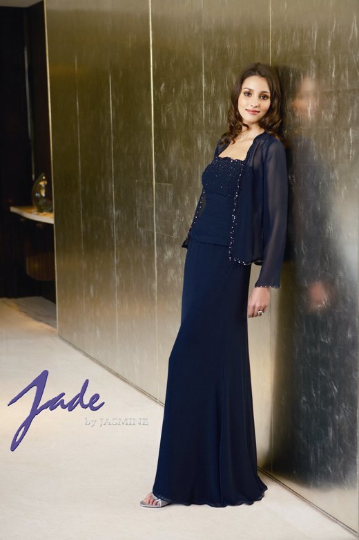 Prom Dress: JADE - J2261  Catalogue Color :		MIDNIGHT PEARL (MP)	Fabric-top layer :		JADE CHIFFON	Accessory :		Jacket and straps	Skirt Length :		Floor length. Skirt length can be changed to tea-length or knee-length.	Size Range : 		2-26 