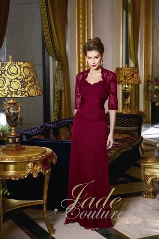 Prom Dress: JADE COUTURE - K2278  Catalogue Color :		BLACK CHERRY (BH)	Fabric-top layer :		COUTURE SATIN FACE CHIFFON	Accessory :		Jacket	Skirt Length :		Floor length. Skirt length can be changed to tea-length or knee-length.	Size Range : 		2-26 