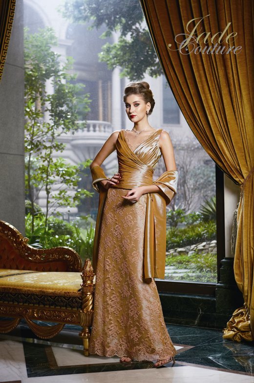 Prom Dress: JADE COUTURE - K2279  Catalogue Color :		LATTE (LT)	Fabric-top layer :		LUXE TAFFETA	Accessory :		Shawl	Skirt Length :		Floor length. Skirt length can be changed to tea-length or knee-length.	Size Range : 		2-26 
