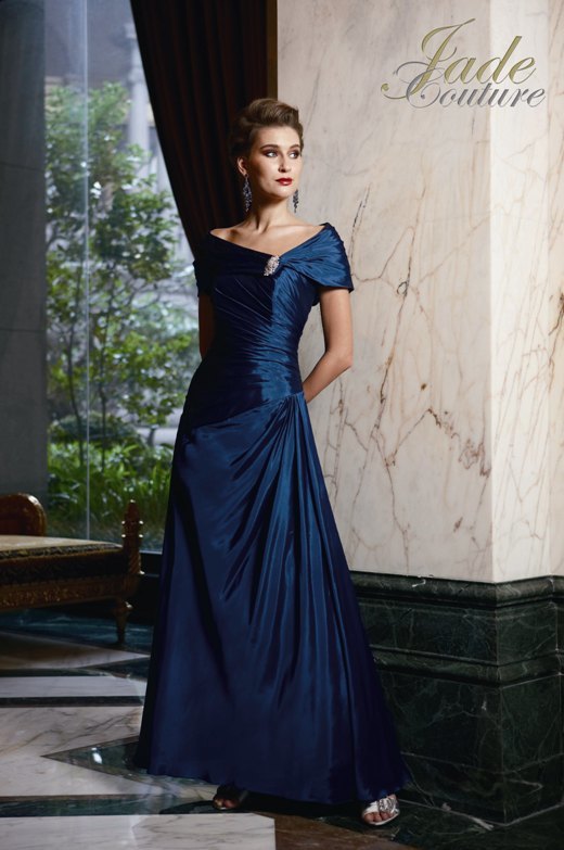 Prom Dress: JADE COUTURE - K2285  Catalogue Color :		NIGHT BLUE (NB)	Fabric-top layer :		SILK DUPIONI	Accessory :		Jacket and straps	Skirt Length :		Floor length. Skirt length can be changed to tea-length or knee-length.	Size Range : 		2-26 