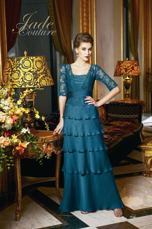 Prom Dress: JADE COUTURE - K2286  Catalogue Color :		TEAL (TL)	Fabric-top layer :		COUTURE SATIN FACE CHIFFON	Accessory :		N/A	Skirt Length :		Floor length. Skirt length can be changed to tea-length or knee-length.	Size Range : 		2-26 