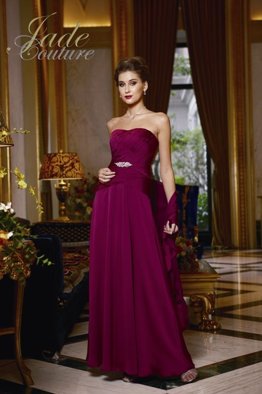 Prom Dress: JADE COUTURE - K2288  Catalogue Color :		SCARLET (SC)	Fabric-top layer :		COUTURE SATIN FACE CHIFFON	Accessory :		Shawl and straps	Skirt Length :		Floor length. Skirt length can be changed to tea-length or knee-length.	Size Range : 		2-26 