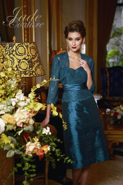 Prom Dress: JADE COUTURE - K2290  Catalogue Color :		TEAL (TL)	Fabric-top layer :		LUXE TAFFETA	Accessory :		Jacket and straps	Skirt Length :		Available in both tea-length 30