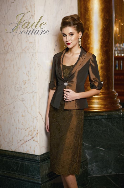Bridesmaids Dress: JADE COUTURE - K2293  Catalogue Color :		COCOA (CO)	Fabric-top layer :		LUXE TAFFETA	Accessory :		Jacket	Skirt Length :		Available in both tea-length 30