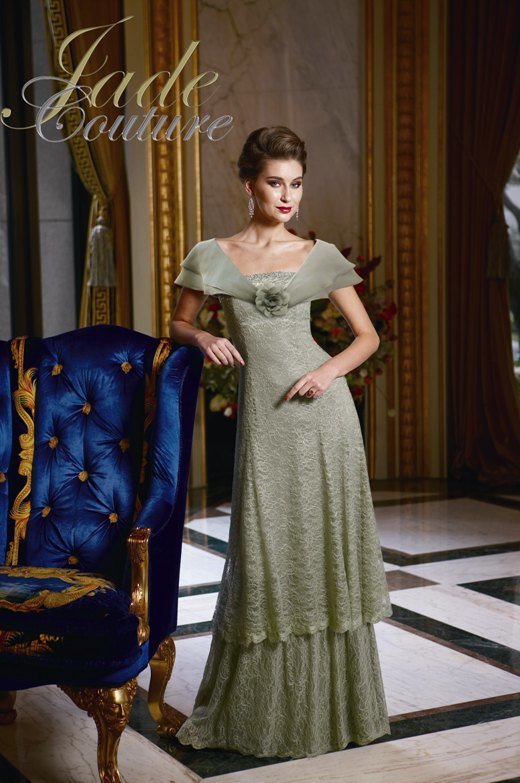 Bridesmaids Dress: JADE COUTURE - K2294  Catalogue Color :		CELADON (CL)	Fabric-top layer :		COUTURE SATIN FACE CHIFFON	Accessory :		Jacket and Straps	Skirt Length :		Floor length. Skirt length can be changed to tea-length or knee-length.	Size Range : 		2-26 