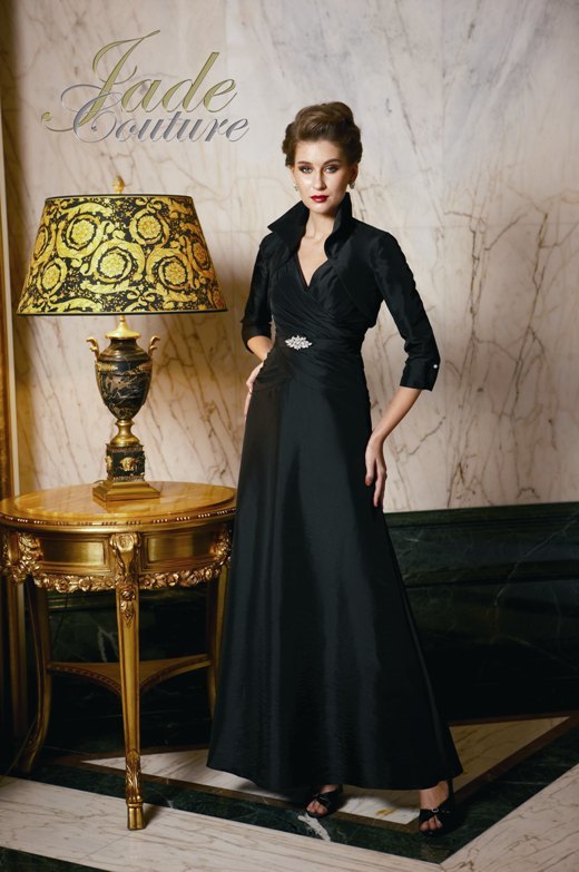 Bridesmaids Dress: JADE COUTURE - K2296  Catalogue Color :		BLACK (BK)	Fabric-top layer :		LUXE TAFFETA	Accessory :		Jacket	Skirt Length :		Floor length. Skirt length can be changed to tea-length or knee-length.	Size Range : 		2-26 