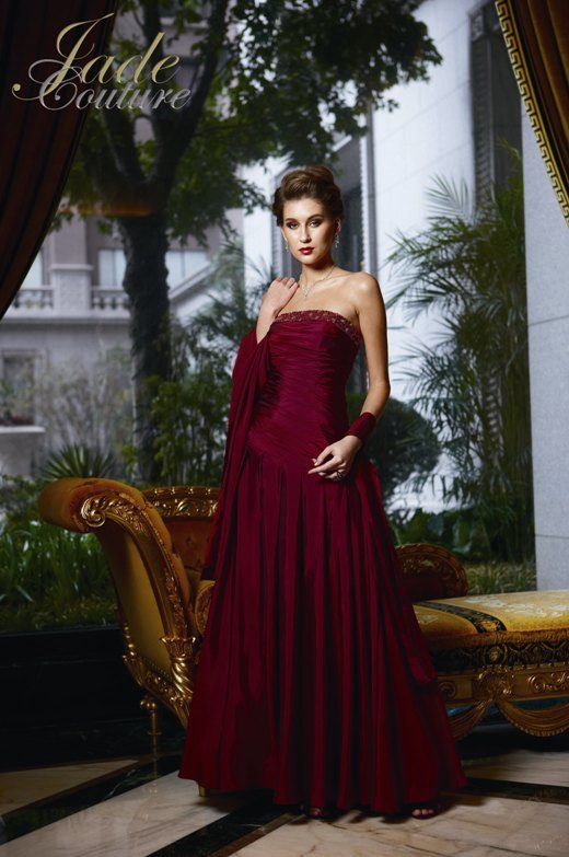 Bridesmaids Dress: JADE COUTURE - K2297  Catalogue Color :		BERRY (BY)	Fabric-top layer :		SILK DUPIONI	Accessory :		Shawl and straps	Skirt Length :		Floor length. Skirt length can be changed to tea-length or knee-length.	Size Range : 		2-26 