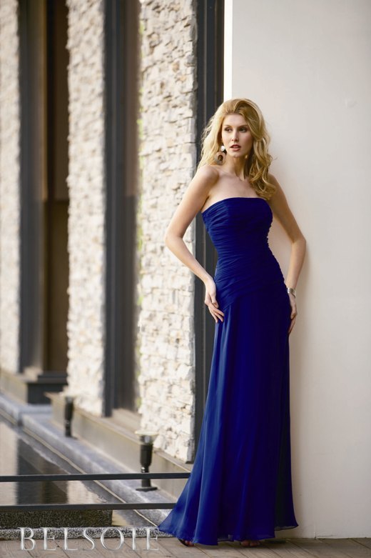 Bridesmaids Dress: BELSOIE FALL 2009 - L2057  Catalogue Color :		COBALT (CT)	Fabric-top layer :		BELSOIE SOLID IRIDESCENT CHIFFON	Accessory :		Spaghetti straps	Skirt Length :		Floor length. Skirt length can be changed to tea-length or knee-length.	Size Range : 		2-28 