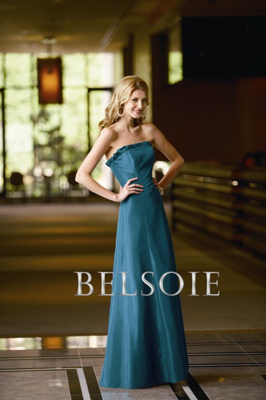 Bridesmaids Dress: BELSOIE FALL 2009 - L2059  Catalogue Color :		TEAL (TL)	Fabric-top layer :		BELSOIE MATTE TAFFETA	Accessory :		Spaghetti straps	Skirt Length :		Floor length. Skirt length can be changed to tea-length or knee-length.	Size Range : 		2-28 