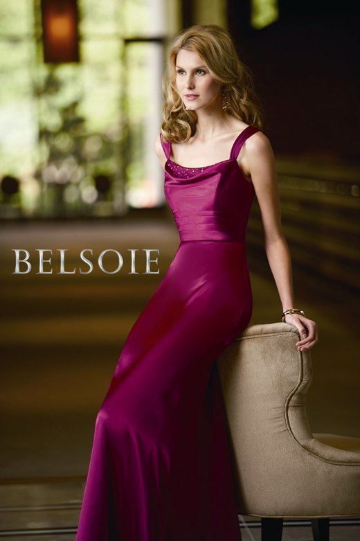 Bridesmaids Dress: BELSOIE FALL 2009 - L2061  Catalogue Color :		SCARLET (SC)	Fabric-top layer :		BELSOIE CHARMEUSE	Accessory :		N/A	Skirt Length :		Floor length. Skirt length can be changed to tea-length or knee-length.	Size Range : 		2-28 