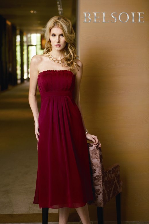 Bridesmaids Dress: BELSOIE FALL 2009 - L2073  Catalogue Color :		BERRY (BY)	Fabric-top layer :		BELSOIE TIFFANY CHIFFON	Accessory :		Spaghetti straps	Skirt Length :		Available in both tea-length 30