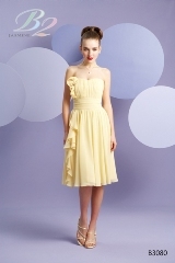 Prom Dress: B2 FALL 2010 - B3080  Catalogue Color:		BUTTERCUP (BC)	Fabric-top layer:		POLY CHIFFON	Accessory:		Spaghetti straps	Skirt Length:		Available in both knee-length 25