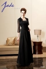 Mother of the Bride Dress: JADE FALL 2010 - J3366  Catalogue Color:		BLACK (BK)	Fabric-top layer:		JADE TIFFANY CHIFFON	Accessory:		Jacket and straps	Skirt Length:		Floor length. Skirt length can be changed to tea-length or knee-length.	Size Range: 		2-26 