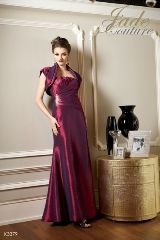 Mother of the Bride Dress: JADE COUTURE FALL 2010 - K3379  Catalogue Color:		BORDEAUX (BX)	Fabric-top layer:		LUXE TAFFETA	Accessory:		Jacket and straps	Skirt Length:		Floor length. Skirt length can be changed to tea-length or knee-length.	Size Range: 		2-26 