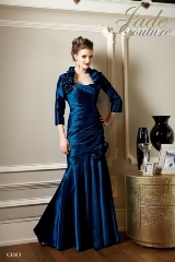Mother of the Bride Dress: JADE COUTURE FALL 2010 - K3383  Catalogue Color:		NIGHT BLUE (NB)	Fabric-top layer:		LUXE TAFFETA	Accessory:		Jacket	Skirt Length:		Floor length. Skirt length can be changed to tea-length or knee-length.	Size Range: 		2-26 