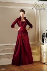 Mother of the Bride Dress: JADE COUTURE FALL 2010 - K3387  Catalogue Color:		CRANBERRY (CB)	Fabric-top layer:		LUXE TAFFETA	Accessory:		Jacket and straps	Skirt Length:		Floor length. Skirt length can be changed to tea-length or knee-length.	Size Range: 		2-26 