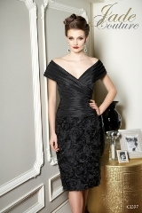 Mother of the Bride Dress: JADE COUTURE FALL 2010 - K3397  Catalogue Color:		BLACK (BK)	Fabric-top layer:		LUXE TAFFETA and ORGANZA	Accessory:		N/A	Skirt Length:		Available in both knee-length 25
