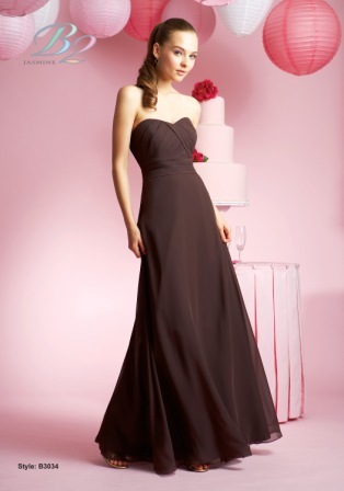 Evening Dress: B2 SPRING 2010 - B3034  Catalogue Color:		ESPRESSO (EO)	Fabric-top layer:		POLY CHIFFON	Accessory:		Spaghetti straps	Skirt Length:		Floor length. Skirt length can be changed to tea-length or knee-length.	Size Range: 		2-28 