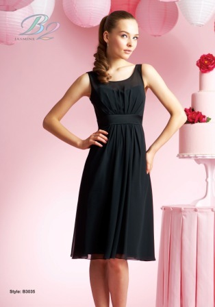 Evening Dress: B2 SPRING 2010 - B3035  Catalogue Color:		BLACK (BK)	Fabric-top layer:		POLY CHIFFON and POLY SATIN	Accessory:		N/A	Skirt Length:		Available in both knee-length 25