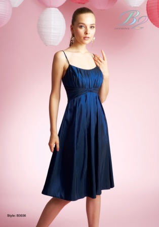 Evening Dress: B2 SPRING 2010 - B3036  Catalogue Color:		NAVY (NY)	Fabric-top layer:		LUXE TAFFETA	Accessory:		N/A	Skirt Length:		Available in both knee-length 25