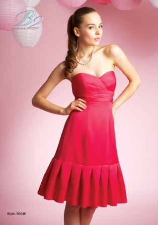 Prom Dress: B2 SPRING 2010 - B3046  Catalogue Color:		PEONY (PY)	Fabric-top layer:		POLY SATIN	Accessory:		Spaghetti straps	Skirt Length:		Available in both knee-length 25