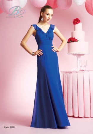 Prom Dress: B2 SPRING 2010 - B3051  Catalogue Color:		COBALT (CT)	Fabric-top layer:		POLY CHIFFON	Accessory:		N/A	Skirt Length:		Floor length. Skirt length can be changed to tea-length or knee-length.	Size Range: 		2-28 
