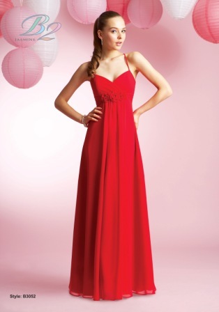 Prom Dress: B2 SPRING 2010 - B3052  Catalogue Color:		NEW RED (NR)	Fabric-top layer:		POLY CHIFFON	Accessory:		N/A	Skirt Length:		Floor length. Skirt length can be changed to tea-length or knee-length.	Size Range: 		2-28 