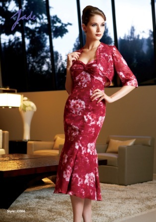 Evening Dress: JADE - J3304  Catalogue Color:		MAGENTA (GT)	Fabric-top layer:		PRINT CHIFFON	Accessory:		Jacket	Skirt Length:		Available in both tea-length 30
