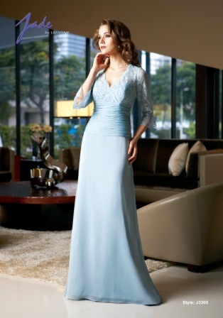 Evening Dress: JADE - J3305  Catalogue Color:		AZURE (AZ)	Fabric-top layer:		JADE TIFFANY CHIFFON and NETTING	Accessory:		N/A	Skirt Length:		Floor length. Skirt length can be changed to tea-length or knee-length.	Size Range: 		2-26 