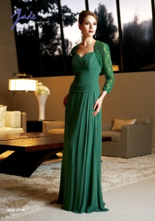 Evening Dress: JADE - J3306  Catalogue Color:		PURE JADE (PJ)	Fabric-top layer:		JADE CHIFFON and NETTING	Accessory:		Jacket	Skirt Length:		Floor length. Skirt length can be changed to tea-length or knee-length.	Size Range: 		2-26 