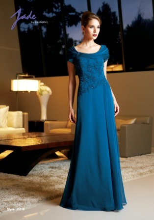 Evening Dress: JADE - J3310  Catalogue Color:		TEAL (TL)	Fabric-top layer:		JADE TIFFANY CHIFFON	Accessory:		N/A	Skirt Length:		Floor length. Skirt length can be changed to tea-length or knee-length.	Size Range: 		2-26 