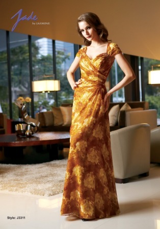 Evening Dress: JADE - J3311  Catalogue Color:		GOLDEN (GO)	Fabric-top layer:		PRINT CHIFFON	Accessory:		N/A	Skirt Length:		Floor length. Skirt length can be changed to tea-length or knee-length.	Size Range: 		2-26 